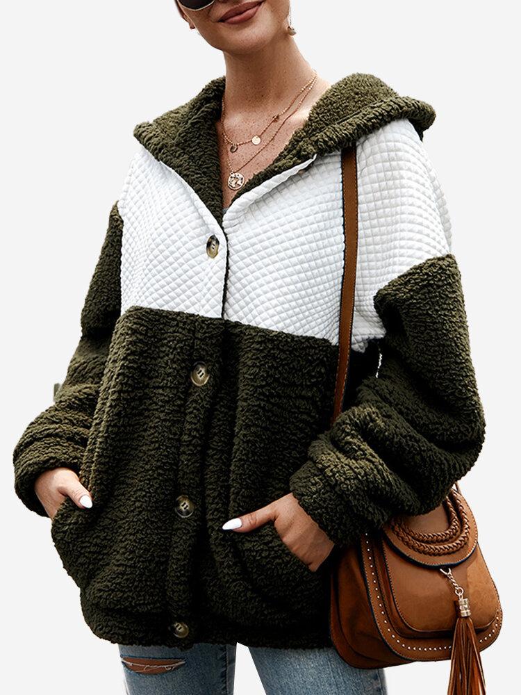 Fleece Patchwork Long Sleeve Hooded Coat For Women