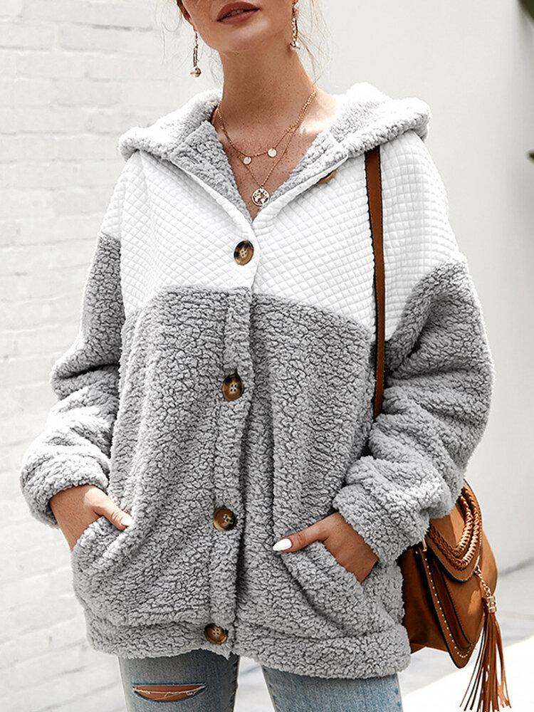 Fleece Patchwork Long Sleeve Hooded Coat For Women