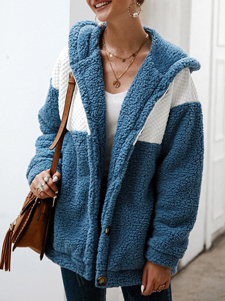 Fleece Patchwork Long Sleeve Hooded Coat For Women
