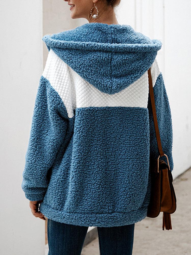 Fleece Patchwork Long Sleeve Hooded Coat For Women